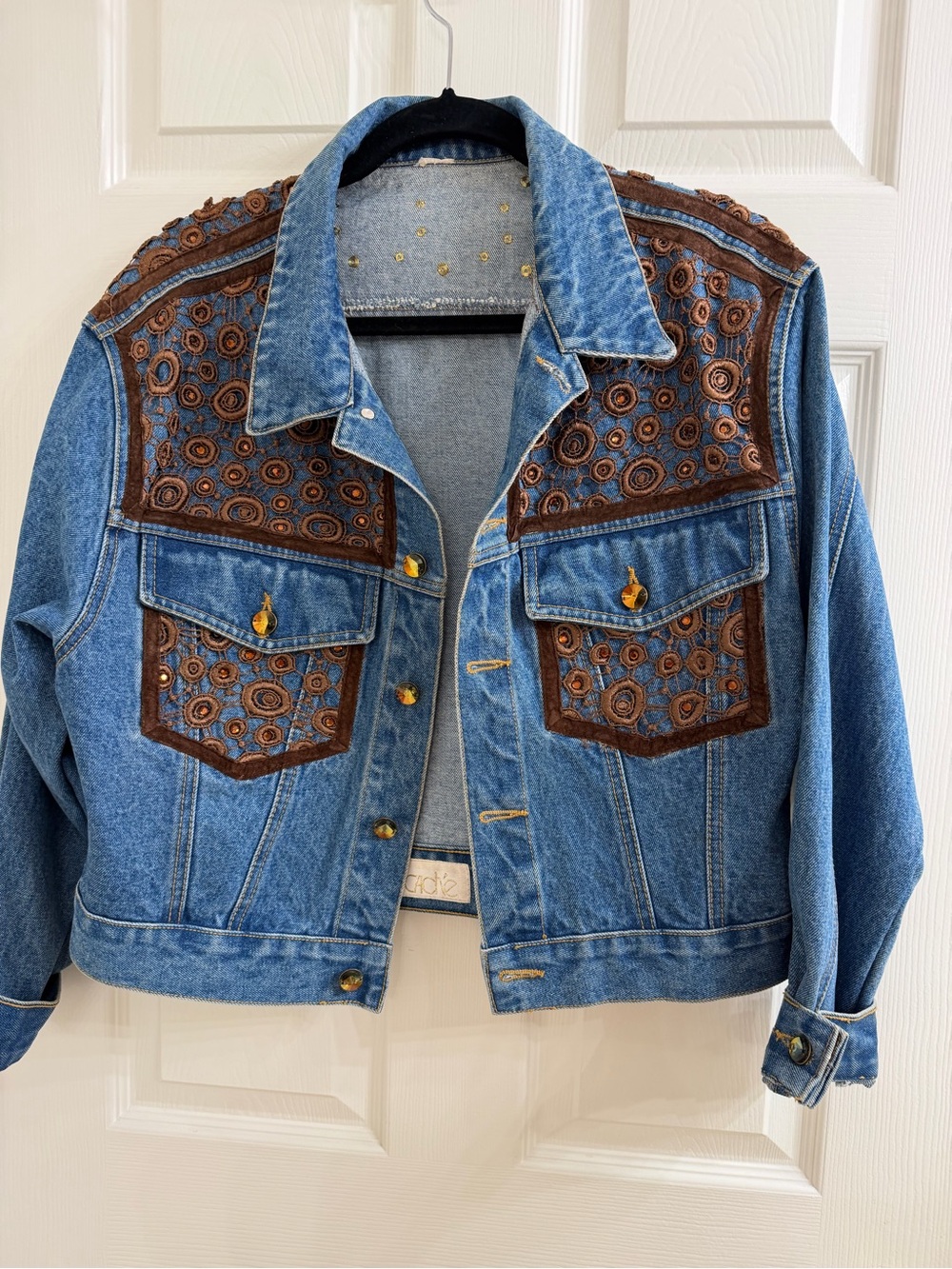 Cache Blue Denim Jacket with Brown Embroidered Yokes Size L-XL